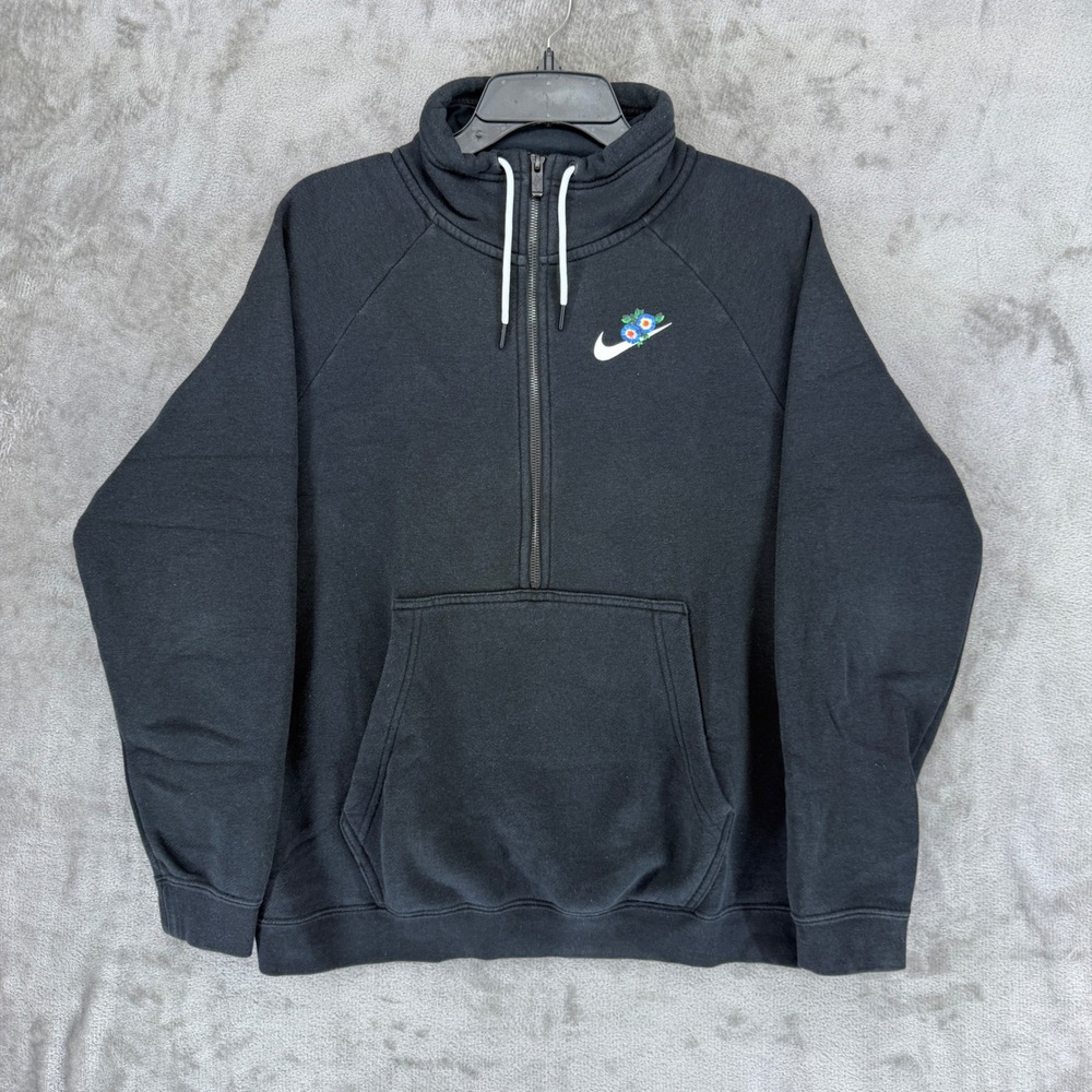 Nike Womens Floral Swoosh Half Zip Sweatshirt Black BQ8846-010 Large